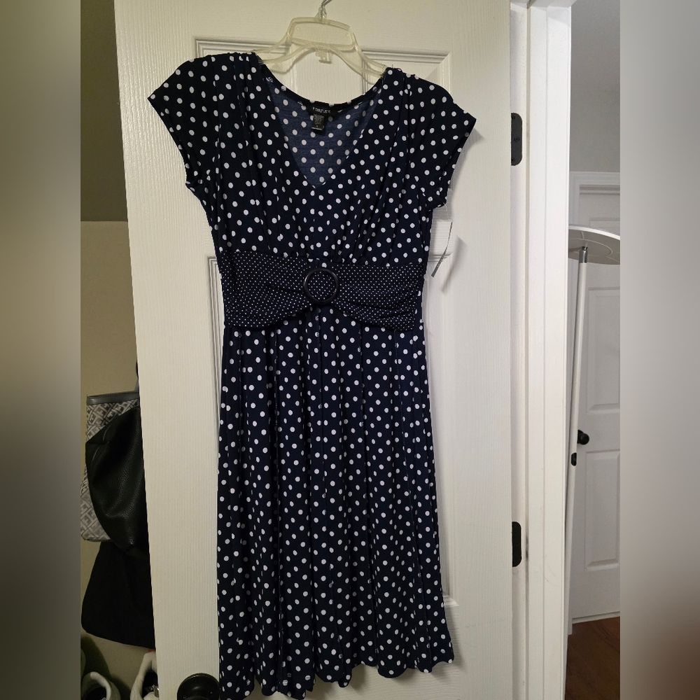 Forever Navy Blue White Polka Dot Fit & Flare Dress Size S
